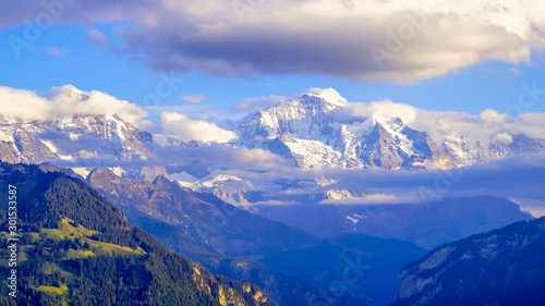 The beautiful view of swiss alps from the harderkulm view point in the interlaken region of switzerland
