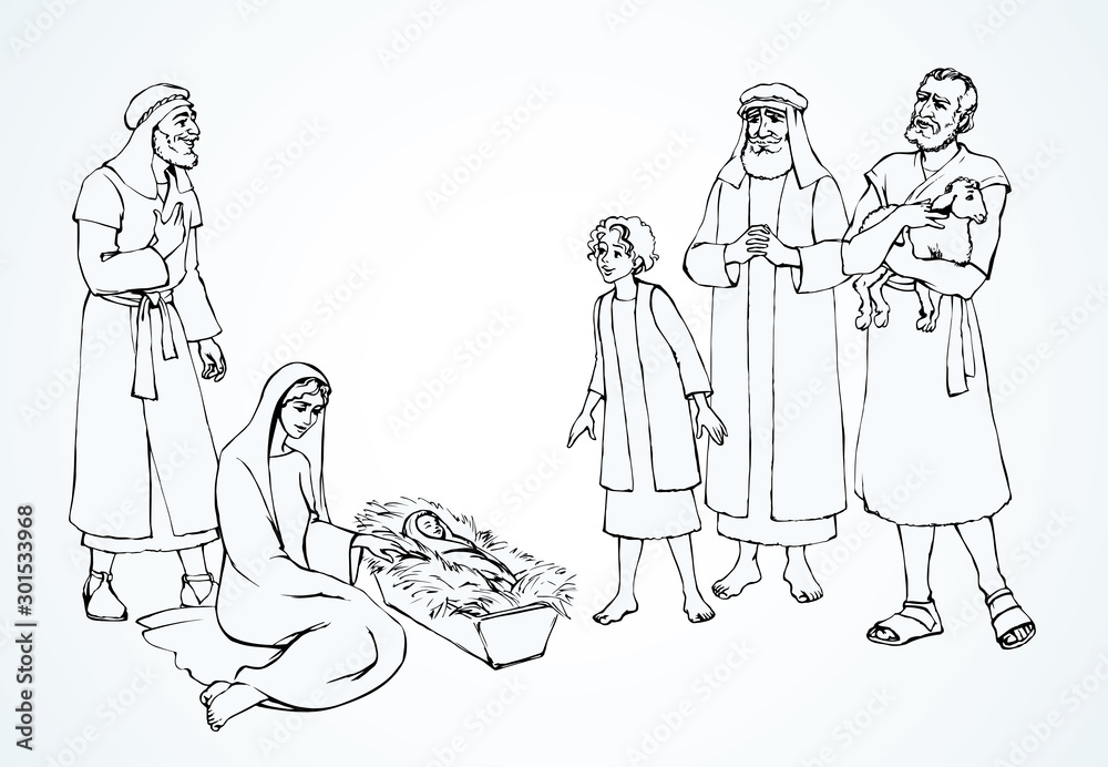 The shepherds came to bow to the newborn baby Jesus. Vector drawing The shepherds came to bow to the newborn baby Jesus. Vector drawing