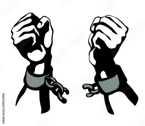 Hands tearing shackles. Vector drawing