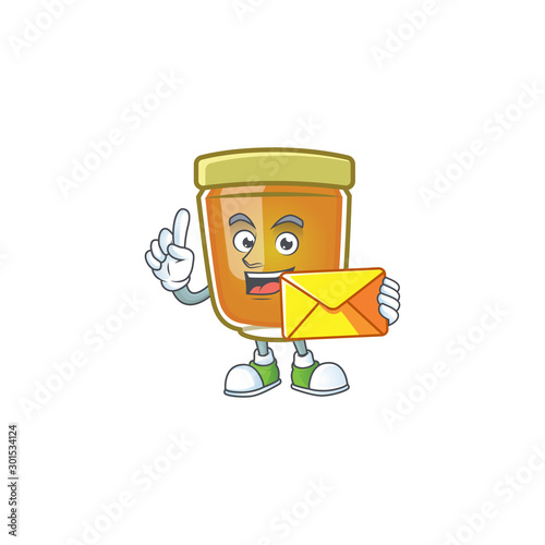 Honey in mascot bring envelope on white background photo