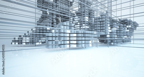 Abstract architectural white interior from an array of concrete cubes with large windows. 3D illustration and rendering.