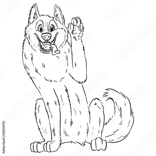 Cute suberian husky waving paw. Illustration of a dog in lineart style. Malamute or Laika Dog. Domestic animal or pet in cartoon style