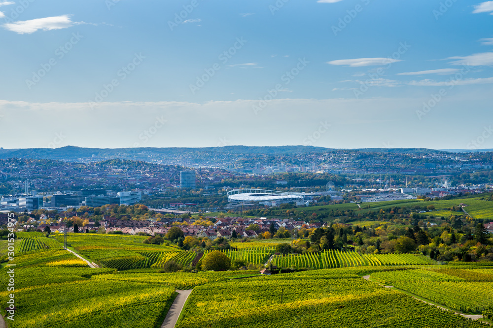 Germany, View over skyline, roofs, houses vineyard and arena of city stuttgart from above in autumn season on sunny day