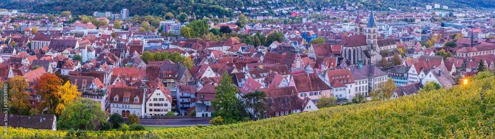 Germany, XXL panorama aerial view above houses st dionys church, skyline of medieval city esslingen am neckar at sunset