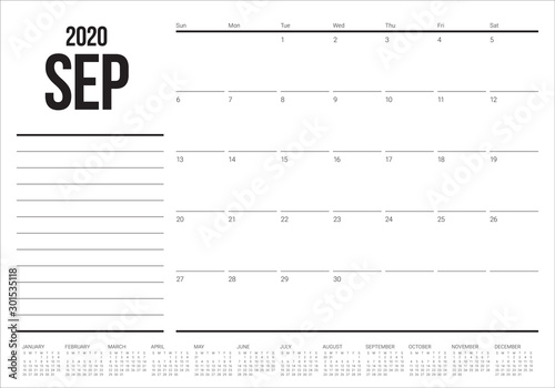 September 2020 desk calendar vector illustration