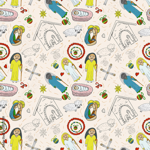 Orthodox Christmas color and contour illustration seamless pattern baby Doodle layout for design infant cross star Magi barn sheep bow angel toys balls background isolated