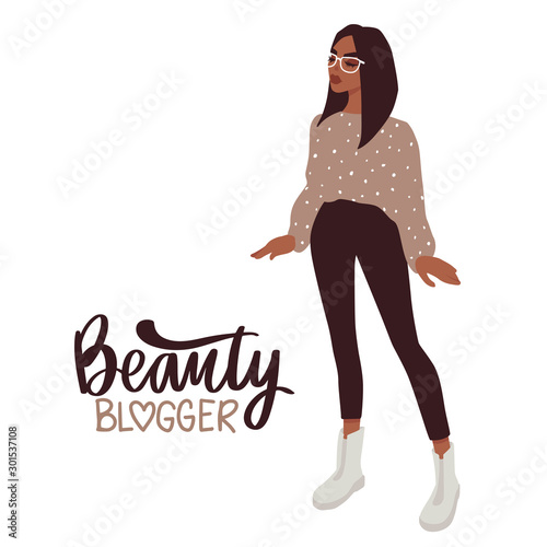 Stylish Beauty blogger girl in fashion clothes with glasses.