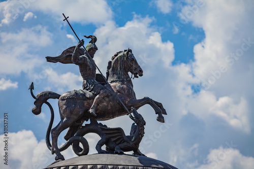 A knight statue on a horse kills a dragon moscow - russia . Monument to George the victorious