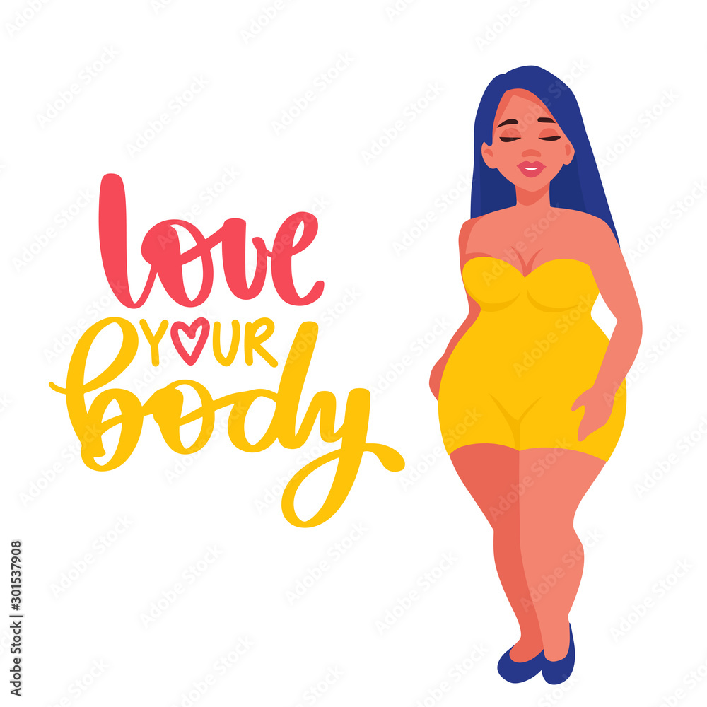 Body positive. Love your body. Plus size Woman dressed in swimsuits. Body positive. Love your body. Plus size Woman dressed in swimsuits.