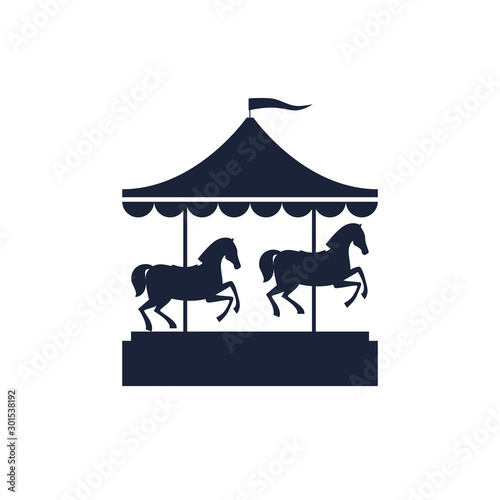 Dark silhouette of carousel with horses. An old children's attraction. Vintage merry-go-round on white background. Vector illustration.