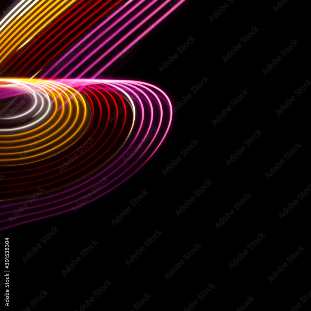 Yellow, red and pink light curve lines on a black background . Yellow, red and pink light curve lines on a black background .