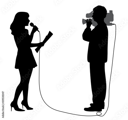 News reporter anchor woman with microphone and cameraman making reportage. Journalist speaker newscaster anchorwoman is reading a paper in front of broadcast camera operator.
