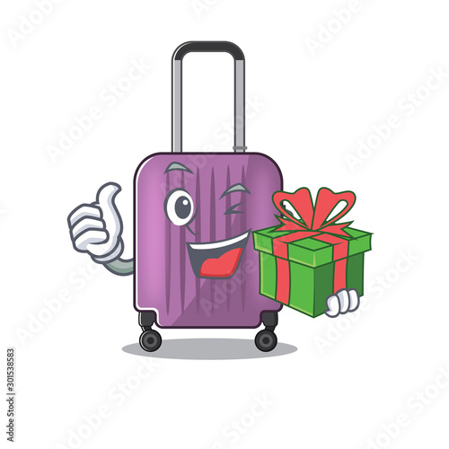 cute travel suitcase the holding gift mascot shape
