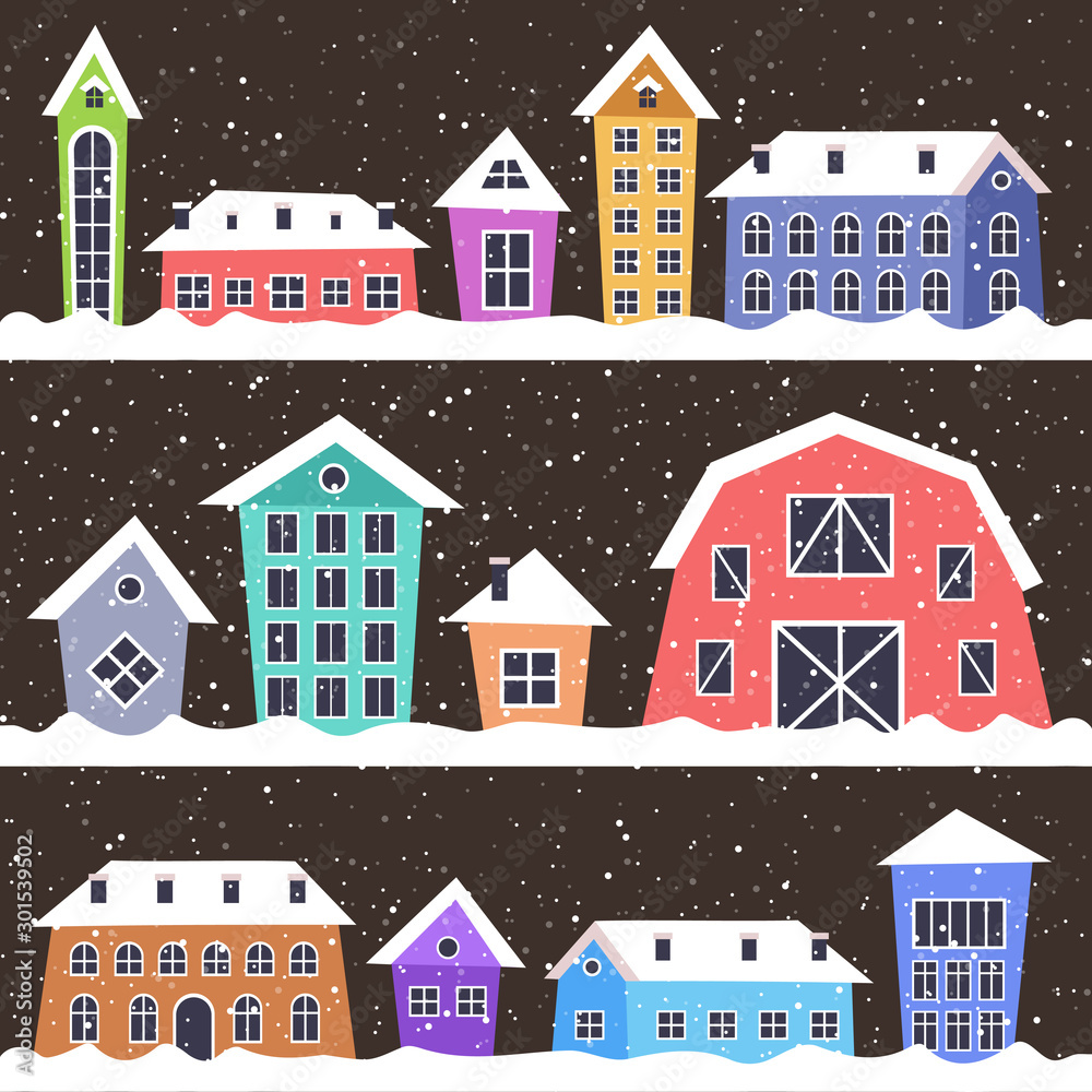 merry christmas happy new year holiday celebration concept cute colorful houses in winter season snowy town greeting card vector illustration