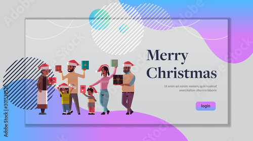 multi generation family with gift boxes standing together merry christmas happy new year celebration concept grandparents and children wearing santa hats full length horizontal copy space vector