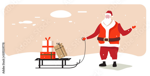 santa claus carrying sleigh with present box merry christmas happy new year holiday celebration concept greeting card winter snowy landscape background horizontal vector illustration