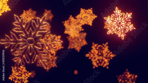 toy Christmas gold snowflakes covered with sparkles in the air glisten in the light with shallow depth of field giving a lot of bokeh effects. Christmas festive blank. 3d render photo