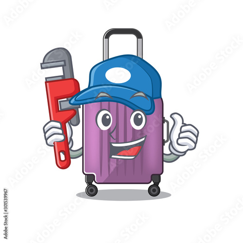 Illustration of cute travel suitcase cartoon character plumber