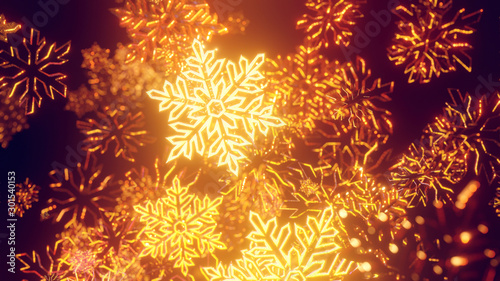 toy Christmas gold snowflakes covered with sparkles in the air glisten in the light with shallow depth of field giving a lot of bokeh effects. Christmas festive blank. 3d render photo