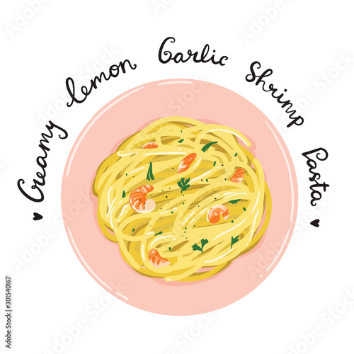 creamy lemon garlic shrimp pasta, vector food illustration, hand drawn lettering