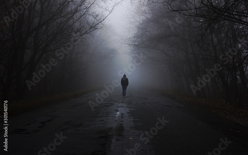 Forest in fog. the man is walking by the fog. Dark foggy forest with magic atmosphere photo