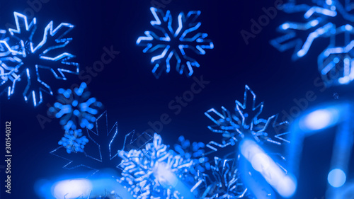 toy Christmas blue snowflakes covered with sparkles in the air glisten in the light with shallow depth of field giving a lot of bokeh effects. Christmas festive blank. 3d render photo