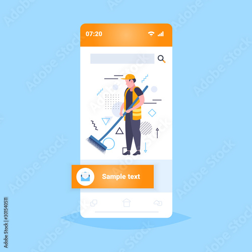 man street cleaner sweeping road from leaves with broom male janitor in uniform cleaning service concept smartphone screen online mobile app full length sketch vector illustration