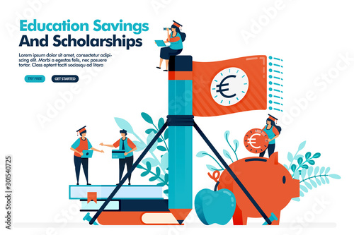 Vector illustration of people wave money flag with pencil. Saving money in a piggy bank for educational expenses. Educational scholarship. Design for landing page, web, banner, template, poster, ui ux
