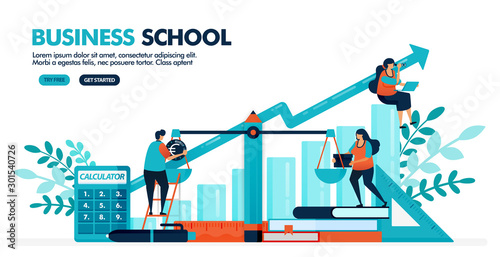 Vector illustration of people are calculating balance sheet on the scale. Bar chart diagram. Business, accounting and economic school. Design for landing page, web, banner, template, poster, ui ux