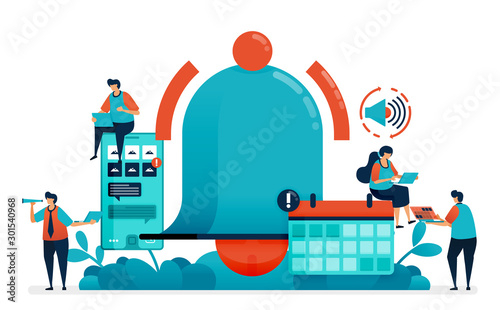 Notifications on calendar schedule for alarm. Friendly reminder for software. Notification message for mobile apps. Ring bell logo and symbol. Vector illustration of website banner, software, poster