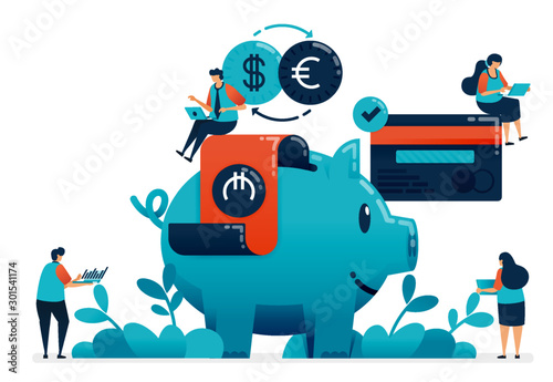 Plan investment for retirement, property, school, investment with banking services. Financial planning consultant, saving and donate with piggy bank, illustration of website, banner, software, poster