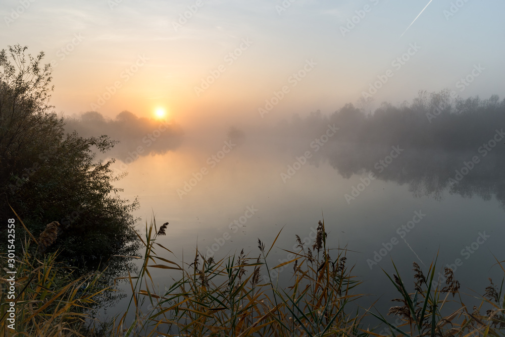 Beautiful landscape image of mist over river Mures in Transylvania, Romania at sunrise