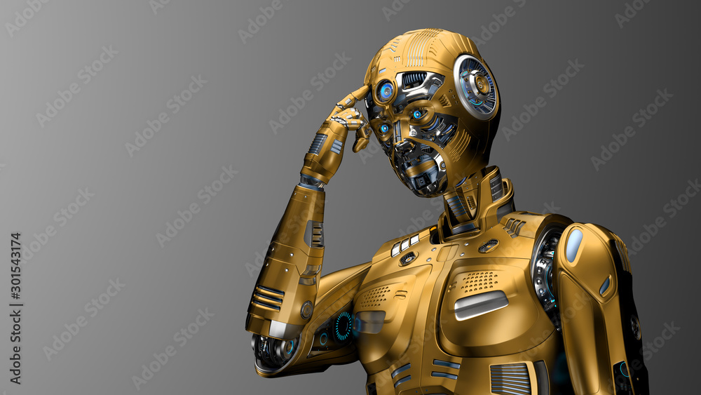 Fototapeta premium Robot touching his forehead or very detailed humanoid cyborg invites people to use their brain more efficiently. Upper body isolated on gray background. 3d render