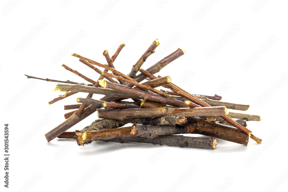 Pile of dry branches isolated on white background.