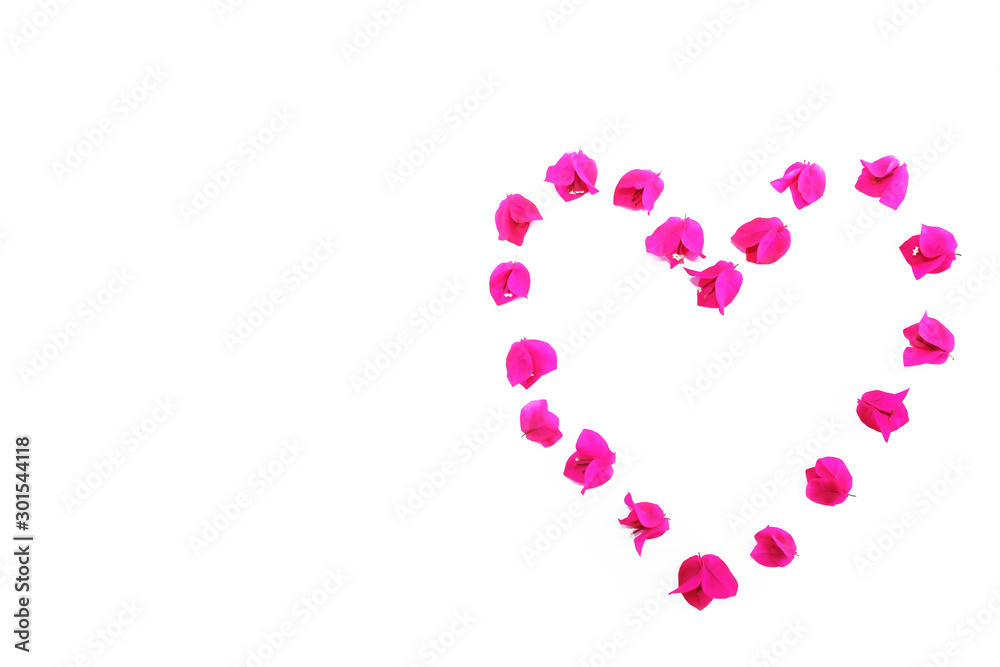 festive drawing heart made from natural fresh pink bougainvillea flowers