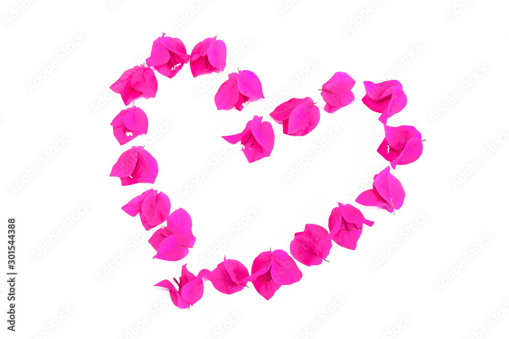 festive drawing heart made from natural fresh pink bougainvillea flowers