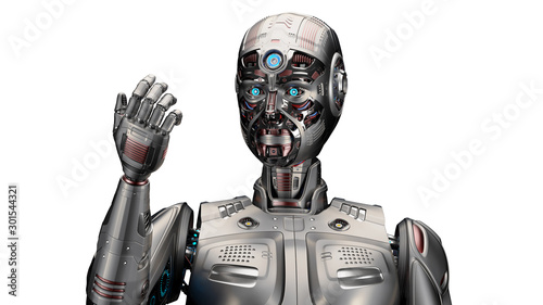 Very detailed humanoid cyborg or futuristic robot man looking at his hand. Upper body isolated on white background. 3d rendering © Mykola