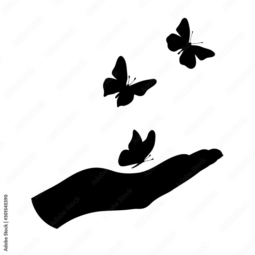 Vector silhouette of butterfly flying from hand on white background