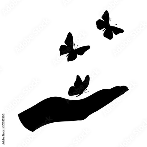 Vector silhouette of butterfly flying from hand on white background. Symbol of animal, insect, fly, migratory, people, care.