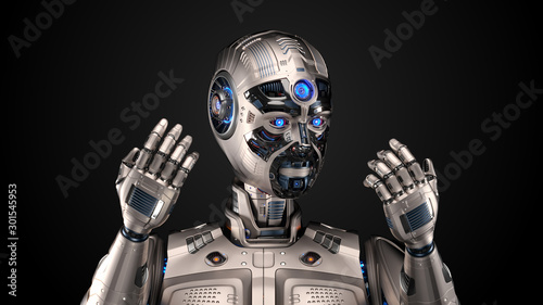 Very detailed futuristic robot or android cyborg looking at his arms or studying his new body. Isolated on black background. 3d render