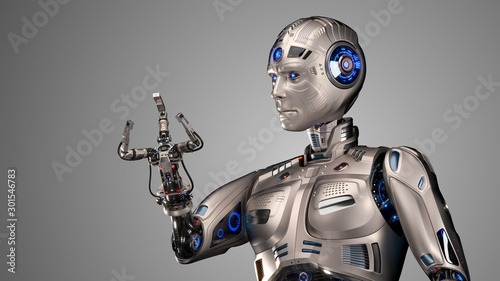 Detailed futuristic robot or humanoid cyborg looking at his new robotic claw or special industrial arm designed for advanced works and unusual jobs. Isolated on gray background. 3d render