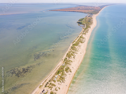 Aerial view of the plat in between estuary and black sea near Anapa. Beautiful beach and crystal water, Sochi, Russia
