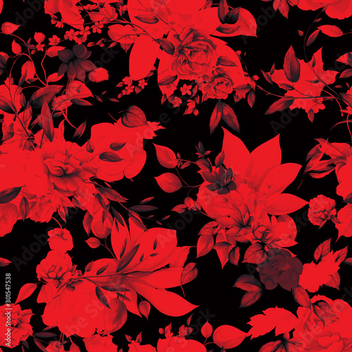 Abstract seamless pattern. Floral. Gladiolus, peony, magnolia on dark red. Hand drawn. vector -stock. 