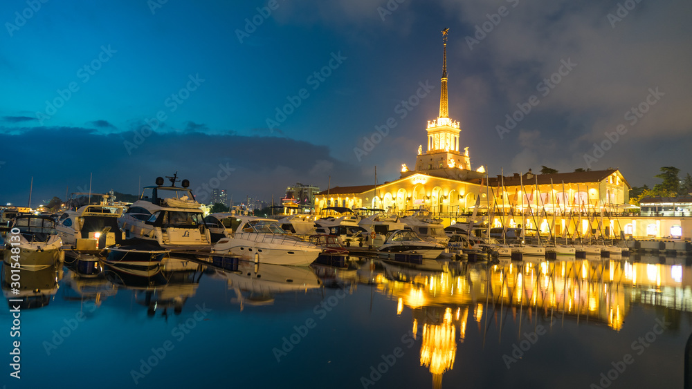 Beautiful building of Sea Port of Sochi at night, Krasnodar Krai, Russia.