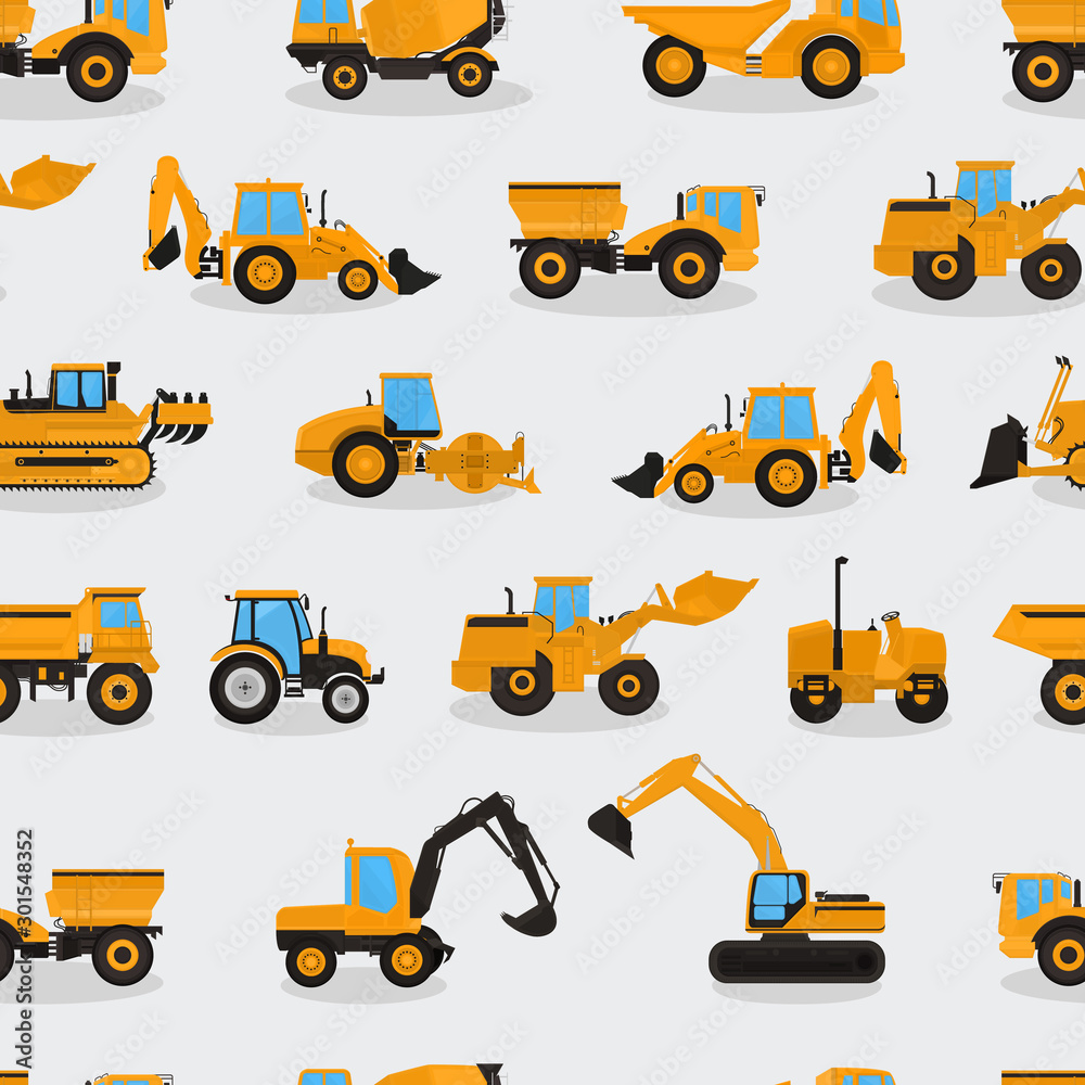 Seamless vector pattern with work machines and equipment on a light background. Seamless vector pattern with work machines and equipment on a light background.