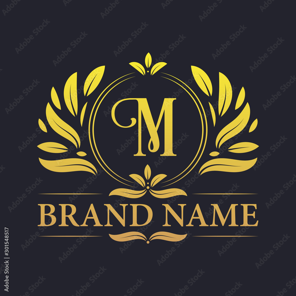 Golden ornamental alphabet M letter logo design. Luxurious golden ...