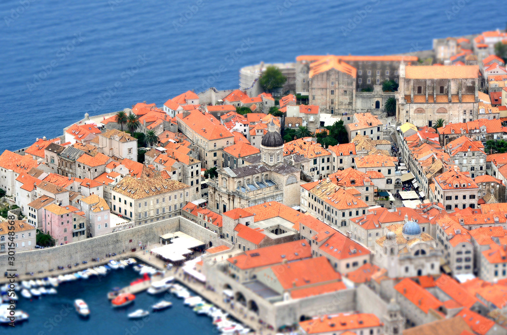 Aerial (Panoramic) view of Old Town (Old Port) Imperial Fortress Dubrovnik (Croatia) with Miniature (Tilt Shift) Effect