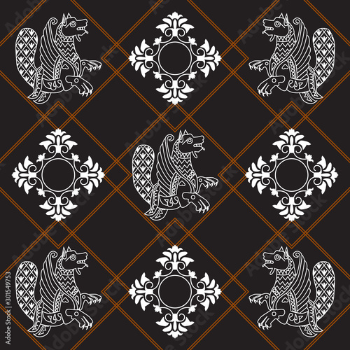 Vintage white dragon symbols and ancient patterns on a dark background