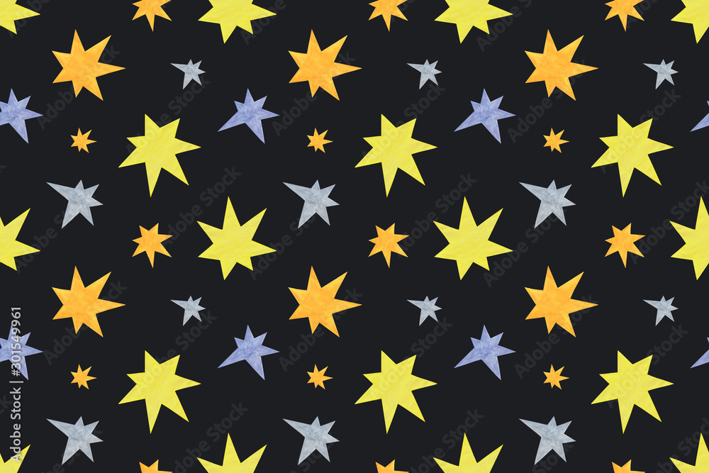 A repeat pattern of stars of different colors and sizes on the black background, symbol of holiday family celebrations A repeat pattern of stars of different colors and sizes on the black background, symbol of holiday family celebrations