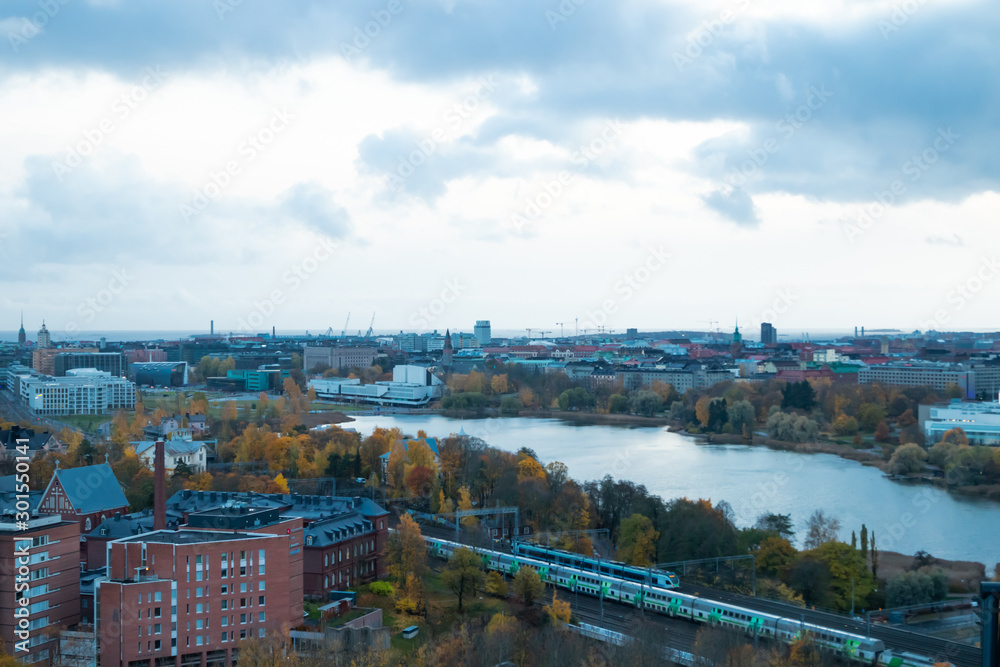 Aerial view of Helsinki Center at autumn cloudy evening.